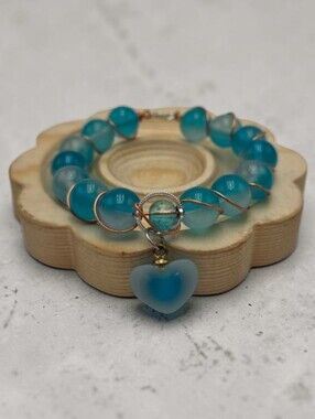 Handmade wirewrapped Blue Heart Charm Bracelet